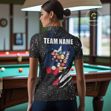Load image into Gallery viewer, Woman wearing white grunge Texas flag 8 ball pool billiard team jersey polo shirt featuring distressed patriotic Texas flag artwork, back view.