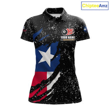 Load image into Gallery viewer, White grunge Texas flag 8 ball pool billiard team jersey polo shirt for women featuring distressed Texas flag artwork with bold patriotic styling, premium custom pool league apparel for tournaments, league play and competitive billiard teams.