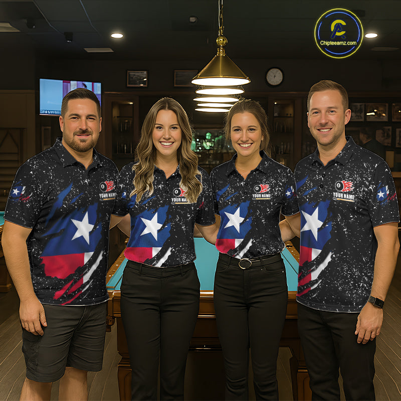 Billiard team wearing matching white grunge Texas flag 8 ball pool team jerseys featuring patriotic distressed artwork, front view.