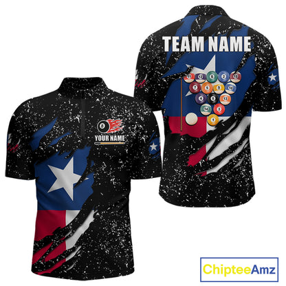 White grunge Texas flag 8 ball pool billiard team jersey quarter zip shirt for men featuring distressed patriotic Texas flag graphics, premium custom billiard league apparel for serious pool players.