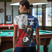 Load image into Gallery viewer, Woman wearing Texas flag eagle lightning 8 ball billiard pool team jersey polo shirt featuring patriotic Texas eagle artwork, back view.