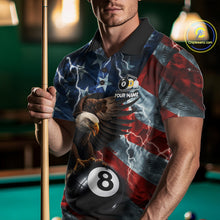 Load image into Gallery viewer, Man wearing custom American flag eagle lightning 8 ball and 9 ball billiard pool team jersey polo shirt featuring patriotic eagle artwork, front view.
