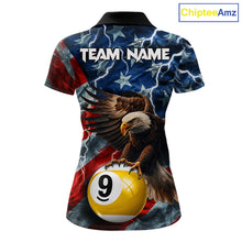 Load image into Gallery viewer, American flag eagle lightning 8 ball billiard pool team jersey polo shirt for women featuring patriotic eagle artwork with lightning effects, premium custom pool league apparel for tournaments and league play.