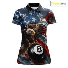 Load image into Gallery viewer, American flag eagle lightning 8 ball billiard pool team jersey polo shirt for women featuring patriotic eagle artwork with lightning effects, premium custom pool league apparel for tournaments and league play.