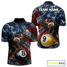 Load image into Gallery viewer, Custom American flag eagle lightning 8 ball and 9 ball billiard pool team jersey quarter zip shirt for men featuring bold patriotic eagle graphics and lightning artwork.