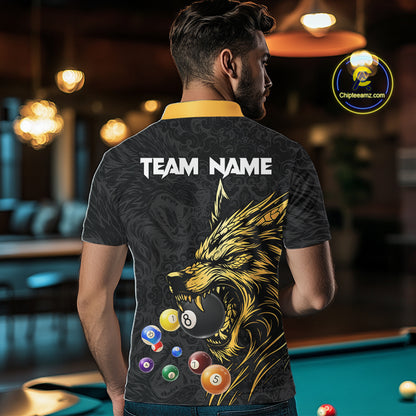 Personalized Wolf Billiard Balls Pool Shirts For Men, Black And Gold Billiard League Team Jerseys TDM5204