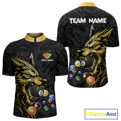 Personalized Wolf Billiard Balls Pool Shirts For Men, Black And Gold Billiard League Team Jerseys TDM5204
