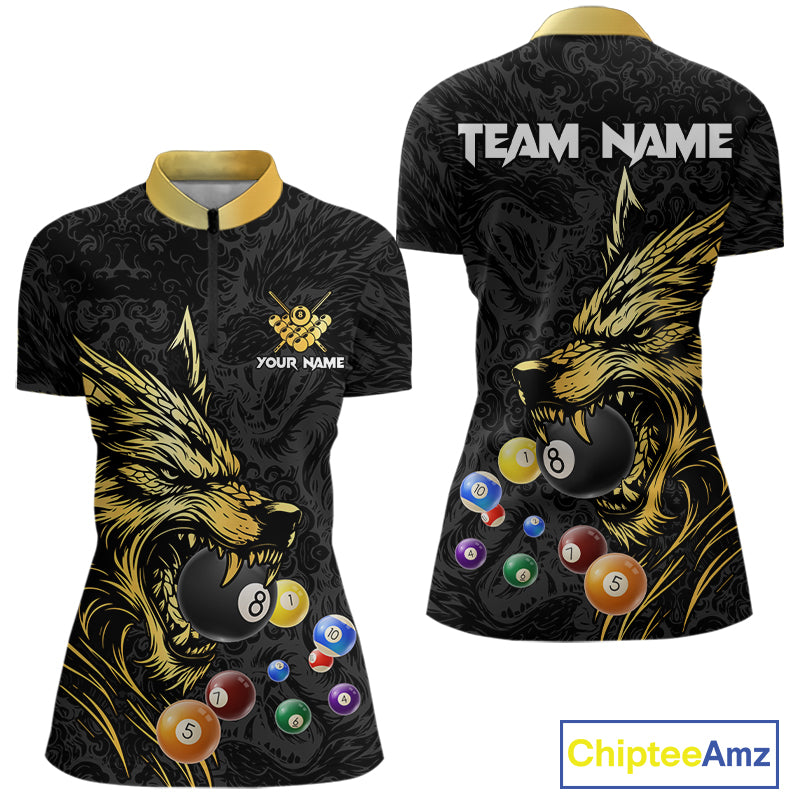 Personalized Wolf Billiard Balls Pool Shirts For Women, Black And Gold Billiard League Team Jerseys TDM5204