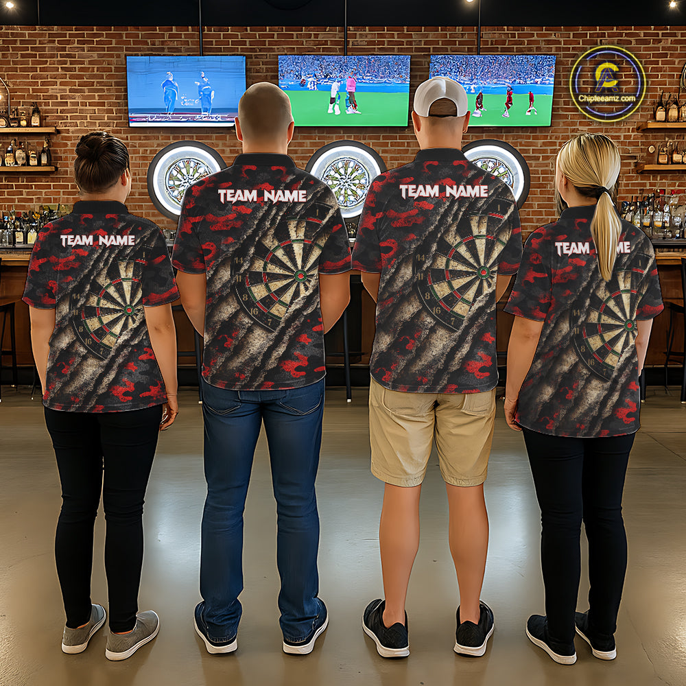 Red Retro Grunge Camo Darts Shirt For Women Custom Darts Jersey Team Polo & Quarter Zip Uniform TDM5448