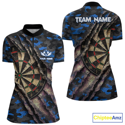 Blue Retro Grunge Camo Darts Shirt For Women Custom Darts Jersey Team Polo & Quarter Zip Uniform TDM5449