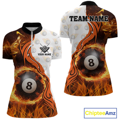 Orange Flaming 8 Ball Pool Billiard Shirt For Women Custom Billiard Team Jersey Polo & 1/4 Zip TDM5925