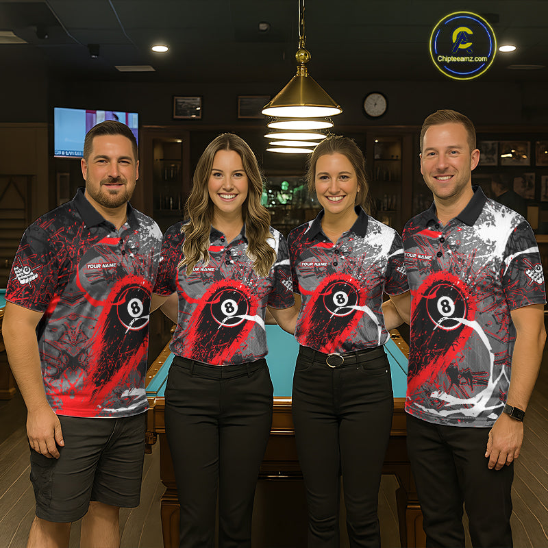 Red Grunge 8 Ball Pool Custom Billiard Shirts For Men, Billiard Team Jerseys Polo 1/4 Zip TDM6073