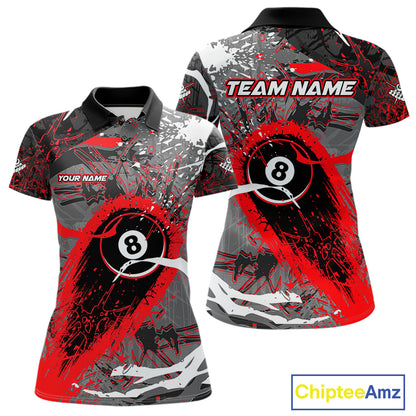 Red Grunge 8 Ball Pool Custom Billiard Shirts For Women, Billiard Team Jerseys Polo 1/4 Zip TDM6073