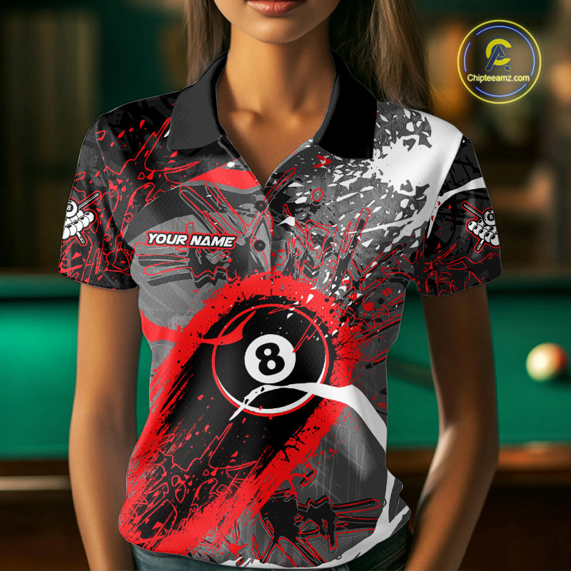 Red Grunge 8 Ball Pool Custom Billiard Shirts For Women, Billiard Team Jerseys Polo 1/4 Zip TDM6073