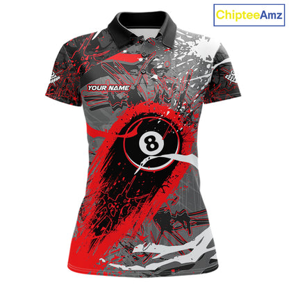 Red Grunge 8 Ball Pool Custom Billiard Shirts For Women, Billiard Team Jerseys Polo 1/4 Zip TDM6073