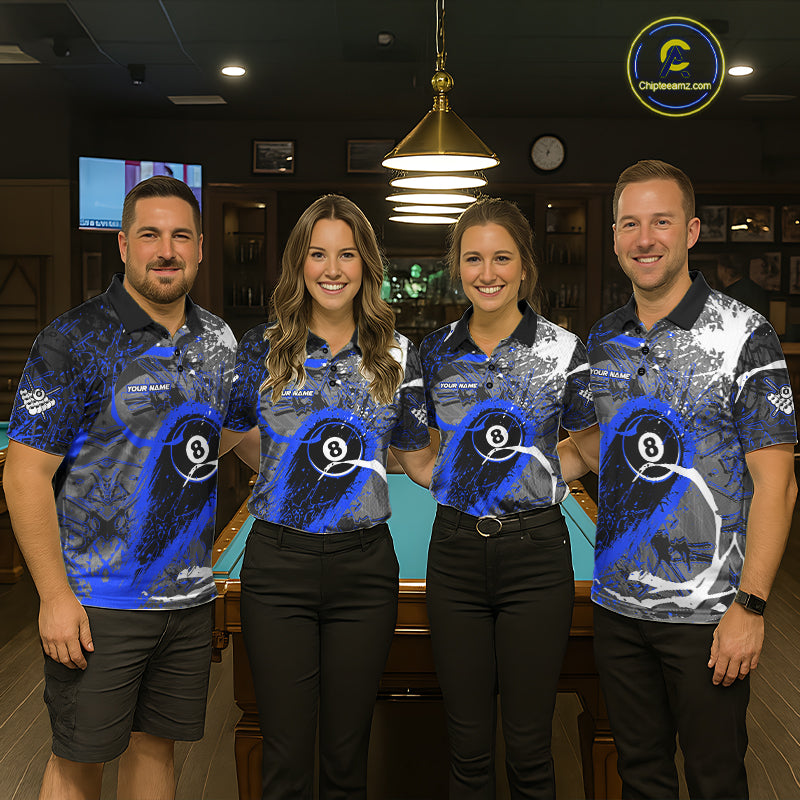 Blue Grunge 8 Ball Pool Custom Billiard Shirts For Men, Billiard Team Jerseys Polo 1/4 Zip TDM6074
