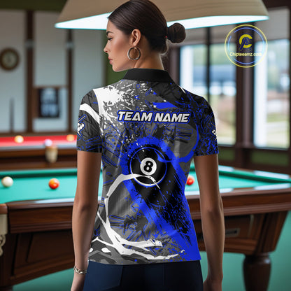 Blue Grunge 8 Ball Pool Custom Billiard Shirts For Women, Billiard Team Jerseys Polo 1/4 Zip TDM6074