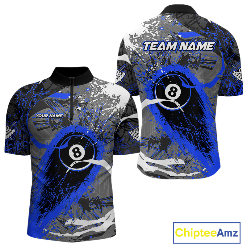 Blue Grunge 8 Ball Pool Custom Billiard Shirts For Men, Billiard Team Jerseys Polo 1/4 Zip TDM6074