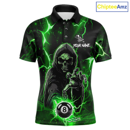 Green Grim Reaper 8 Ball Billiard Shirt For Men Custom Lightning Billiard Team Jersey Polo, 1/4 Zip TDM6326