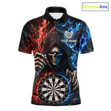 Load image into Gallery viewer, Blue And Red Flaming Grim Reaper Darts Shirts For Men Custom Darts Team Jersey Polo &amp; 1/4 Zip TDM6503