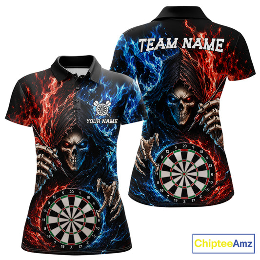 Blue And Red Flaming Grim Reaper Darts Shirts For Women Custom Darts Team Jersey Polo & 1/4 Zip TDM6503