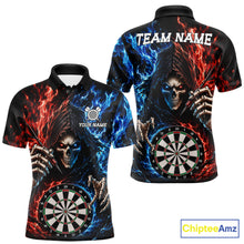 Load image into Gallery viewer, Blue And Red Flaming Grim Reaper Darts Shirts For Men Custom Darts Team Jersey Polo &amp; 1/4 Zip TDM6503
