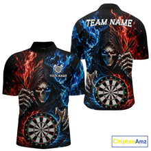Load image into Gallery viewer, Blue And Red Flaming Grim Reaper Darts Shirts For Men Custom Darts Team Jersey Polo &amp; 1/4 Zip TDM6503