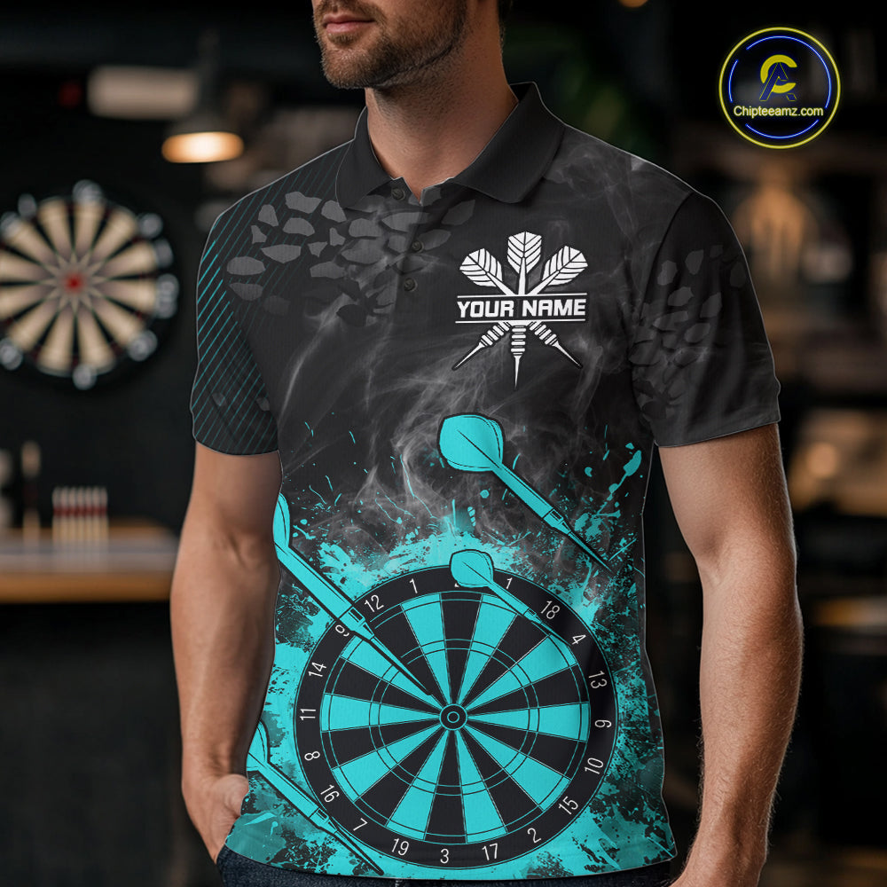 Turquoise Dartboard Splatter Smoke Darts Shirt For Men Custom Darts Team Jersey Polo & 1/4 Zip TDM6504