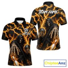 Load image into Gallery viewer, Custom yellow lightning Grim Reaper bowling team jersey polo shirt for men featuring a fierce Grim Reaper with yellow lightning artwork, premium custom bowling league apparel for tournaments, league competition and bowling teams.
