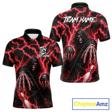 Load image into Gallery viewer, Custom red lightning Grim Reaper bowling league team jersey polo shirt for men featuring a fierce Grim Reaper with red lightning artwork, premium bowling apparel for tournaments, league nights and competitive bowling teams.