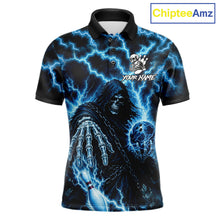 Load image into Gallery viewer, Custom blue lightning Grim Reaper bowling team jersey polo shirt for men featuring a fierce Grim Reaper with blue lightning artwork, premium bowling league apparel for tournaments, league play and competitive bowling teams.