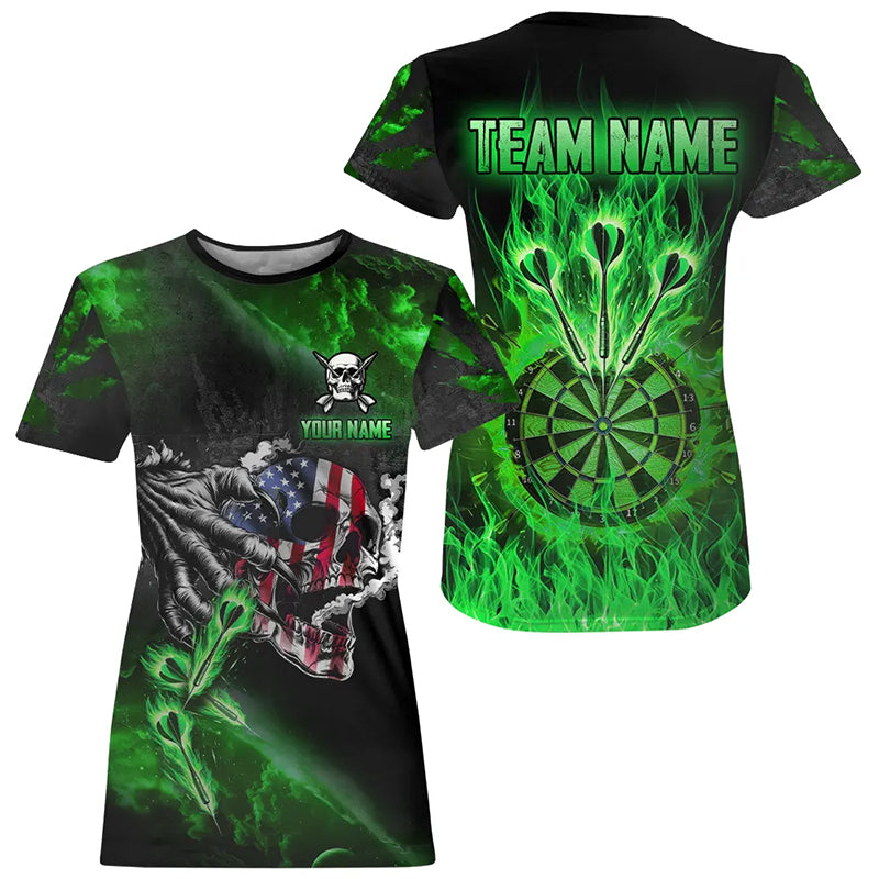 Fire Flame Dartboard American Flag Skull Darts T Shirt For Women Custom Darts Team Jersey |Green TDM2981
