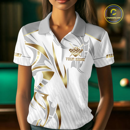White And Gold Crown 8 Ball Women's Billiards Shirts Custom Billiard Jersey Team Polo & 1/4 Zip TDM5211