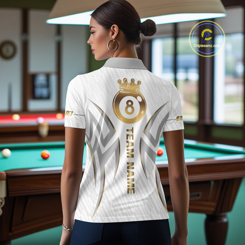 White And Gold Crown 8 Ball Women's Billiards Shirts Custom Billiard Jersey Team Polo & 1/4 Zip TDM5211