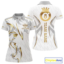 Load image into Gallery viewer, White And Gold Crown 8 Ball Women&#39;s Billiards Shirts Custom Billiard Jersey Team Polo &amp; 1/4 Zip TDM5211