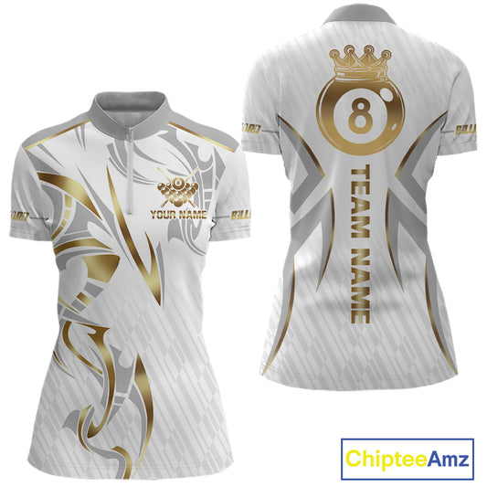 White And Gold Crown 8 Ball Women's Billiards Shirts Custom Billiard Jersey Team Polo & 1/4 Zip TDM5211