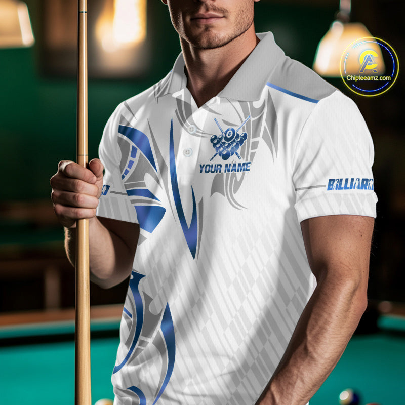 White And Blue Crown 8 Ball Men's Billiards Shirts Custom Billiard Jersey Team Polo & 1/4 Zip TDM5213