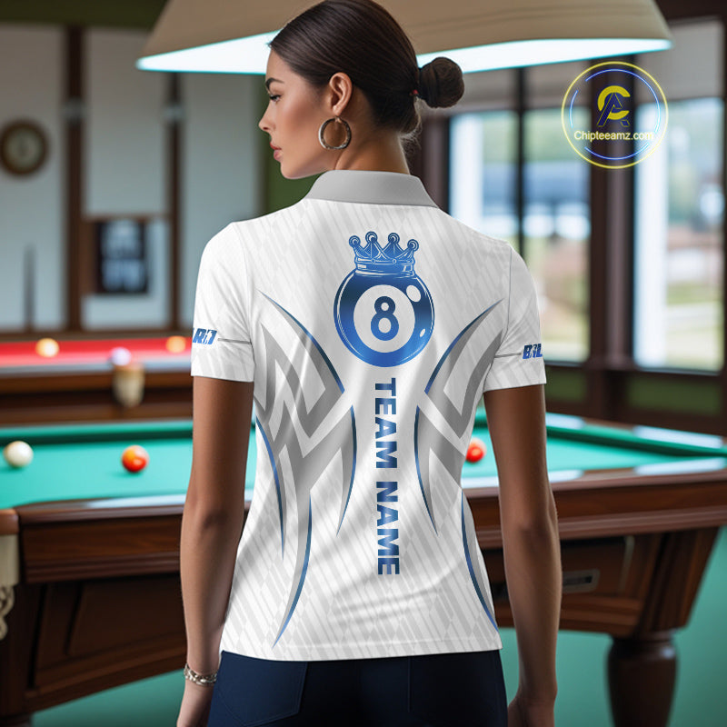 White And Blue Crown 8 Ball Women's Billiards Shirts Custom Billiard Jersey Team Polo & 1/4 Zip TDM5213