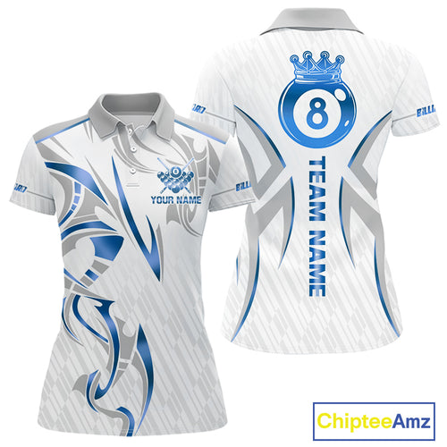 White And Blue Crown 8 Ball Women's Billiards Shirts Custom Billiard Jersey Team Polo & 1/4 Zip TDM5213