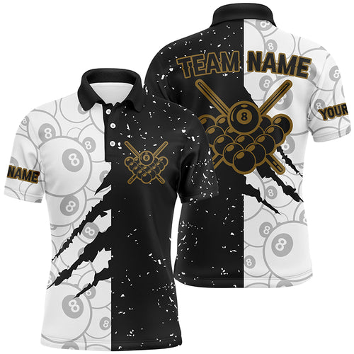 Custom Grunge Black White 8 Ball Pool Billiard Men Polo Shirts, 8 Ball Billiard Apparel Clothing TDM0730