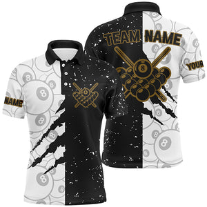 Custom Grunge Black White 8 Ball Pool Billiard Men Polo Shirts, 8 Ball Billiard Apparel Clothing TDM0730