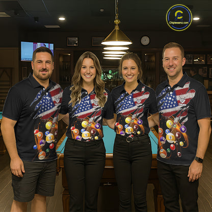 American Flag Pool Balls Billiard Shirt For Men Custom Patriotic Billiard Jersey Polo & 1/4 Zip TDM5730