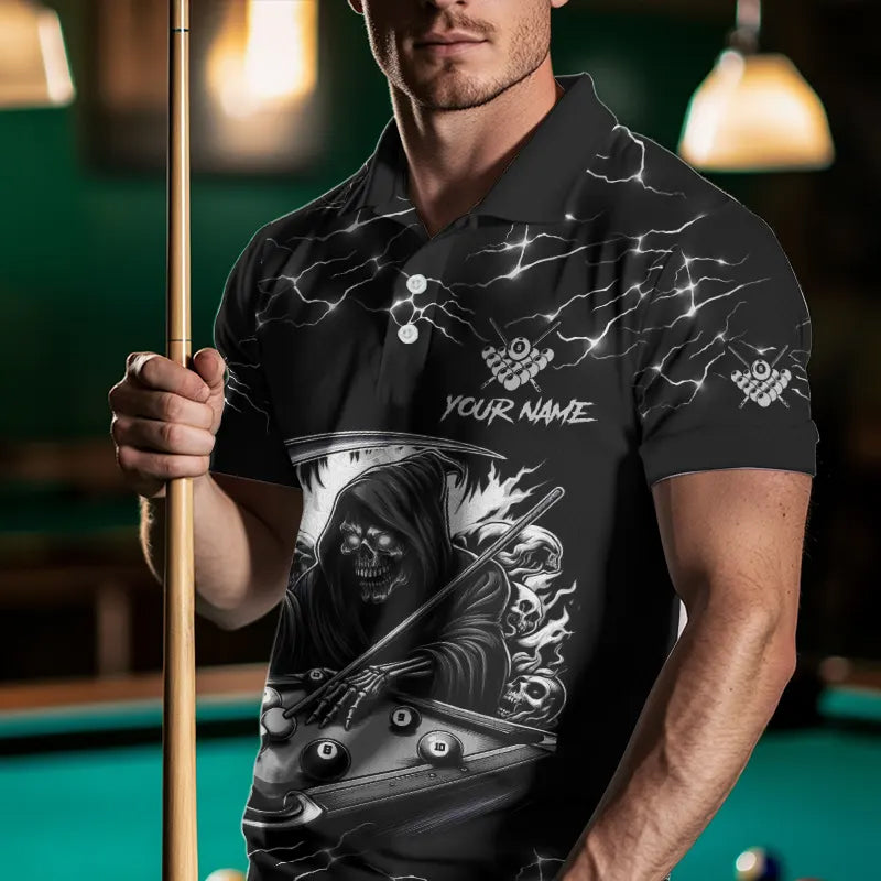 Black White Funny Grim Reaper 8 Ball Pool Men Billiard Shirts Custom Lightning Billiard Jerseys TDM3726