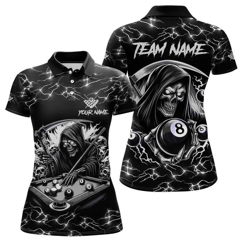Black White Funny Death Skeleton 8 Ball Pool Women Billiard Shirts Custom Lightning Billiard Jerseys TDM3726