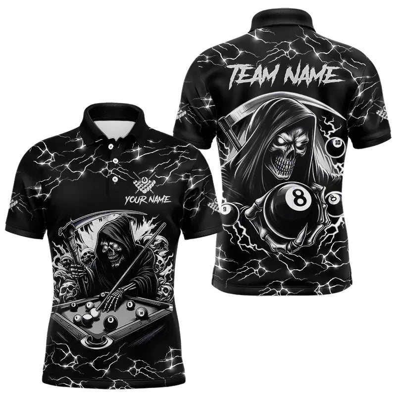 Black White Funny Death Skeleton 8 Ball Pool Men Billiard Shirts Custom Lightning Billiard Jerseys TDM3726
