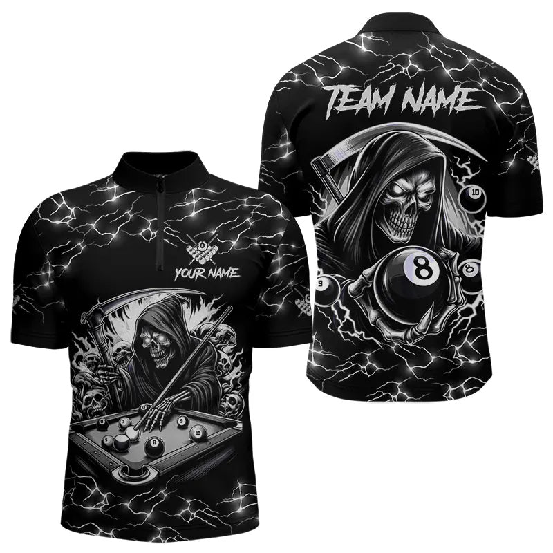 Black White Funny Grim Reaper 8 Ball Pool Men Billiard Shirts Custom Lightning Billiard Jerseys TDM3726
