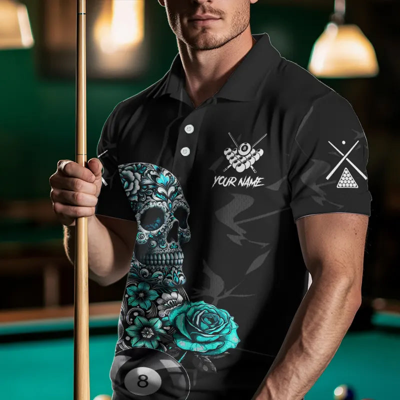 Personalized Funny Turquoise Skull Roses 8 Ball Billiard Shirts For Men Custom Pool Team Shirts TDM3728