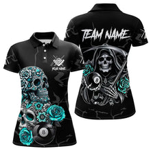 Load image into Gallery viewer, Personalized Funny Turquoise Skull Roses 8 Ball Billiard Shirts For Women Custom Pool Team Shirts TDM3728