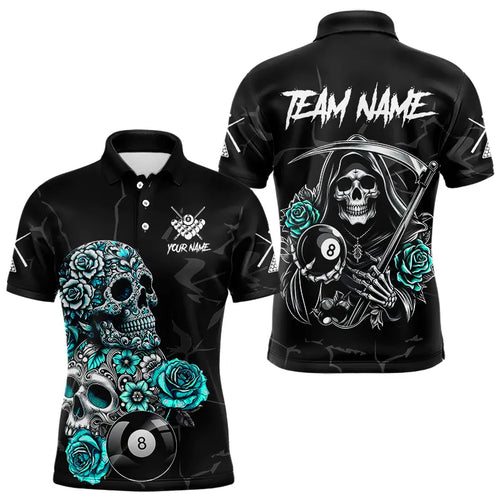 Personalized Funny Turquoise Skull Roses 8 Ball Billiard Shirts For Men Custom Pool Team Shirts TDM3728