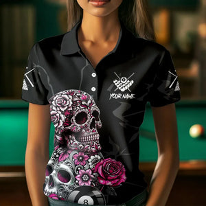 Personalized Pink Funny Skull Roses 8 Ball Billiard Shirts For Women Custom Pool Team Shirts TDM3729
